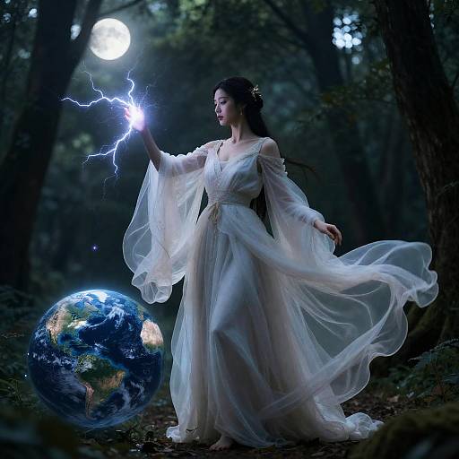 Ethereal Model Casting Magic in Forest