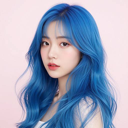 Photograph of an East Asian woman with long, vibrant blue hair, fair skin, and soft pink lips, against a pure white background.