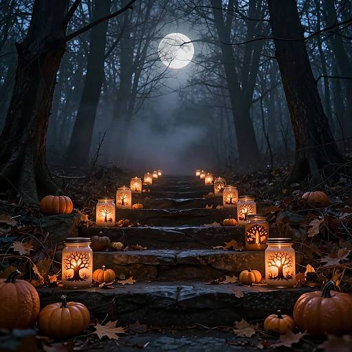 Photograph of a moonlit, foggy forest path lined with glowing lanterns, small pumpkins, and fallen leaves, creating a spooky, autumn