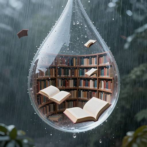 Photograph of a transparent raindrop-shaped bird feeder containing floating open books, surrounded by falling raindrops, with a blurred forest background.