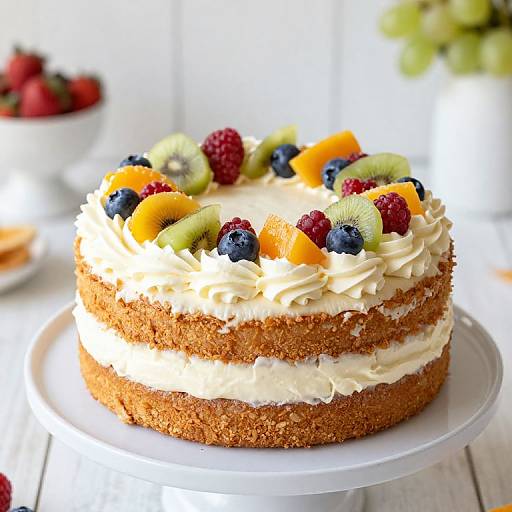 Photograph of a layered cake topped with kiwi slices, blueberries, raspberries, and orange segments, on a white plate, with a blurred