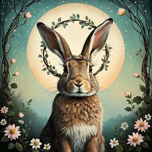 Poised Hare with Floral Crown and Halo