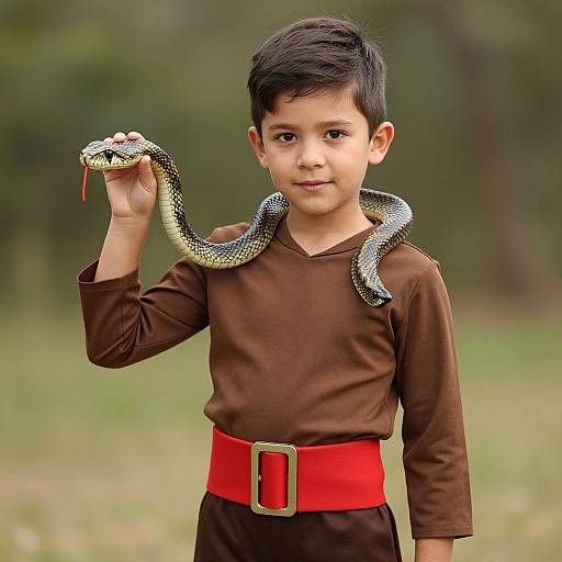 Photograph of a young Asian boy with short black hair, wearing a brown long-sleeve shirt and red belt, holding a coiled snake over