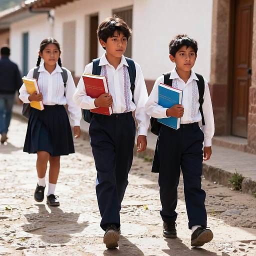 Photograph of three young Hispanic boys in white shirts and black pants, carrying books, walking on sunlit cobblestone street.