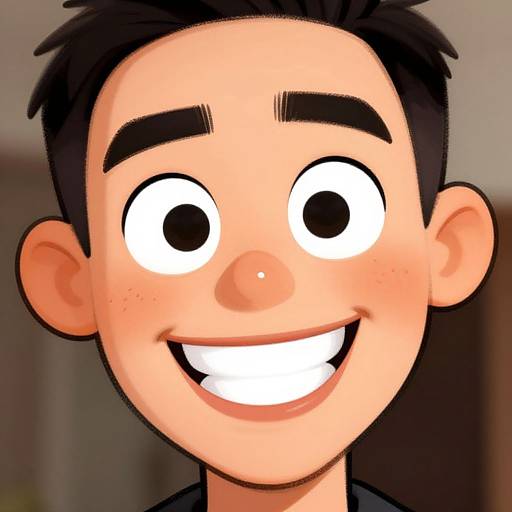 Cartoon-style digital drawing of a smiling young man with large, expressive eyes, dark hair, and thick eyebrows, against a blurred background.