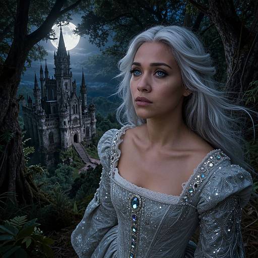 Fantasy photograph of a silver-haired woman in a sparkly gown, gazing at a moonlit, gothic castle in a dark forest.
