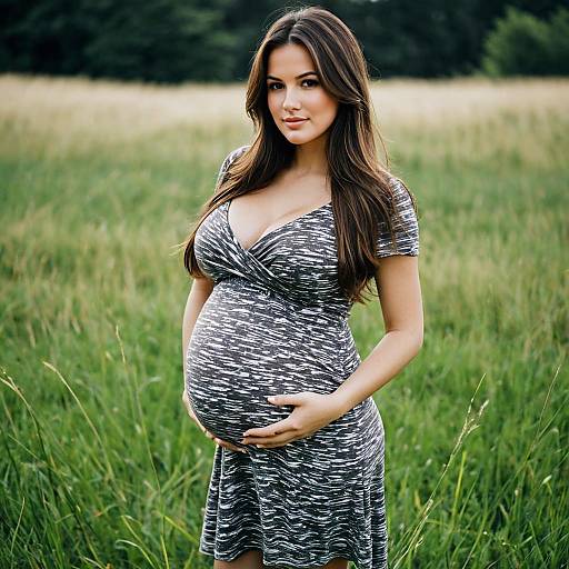 Pregnant Woman in Grey Dress Outdoors
