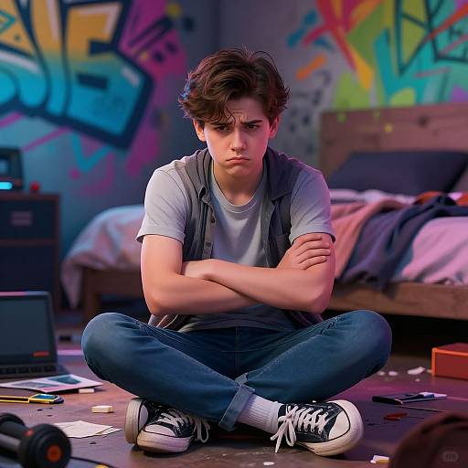 Photograph-like digital art of a brooding teenage boy with tousled brown hair, crossed arms, wearing a grey vest and white t-shirt, sitting