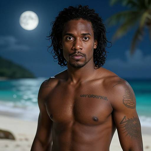 Photograph of a muscular, shirtless Black man with long dreadlocks, tattoos on chest and arm, standing on a moonlit beach.