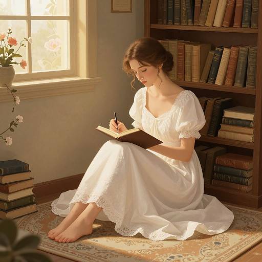 Photograph of a fair-skinned woman with brown hair in a white lace dress, sitting barefoot on a patterned rug, reading in a sun