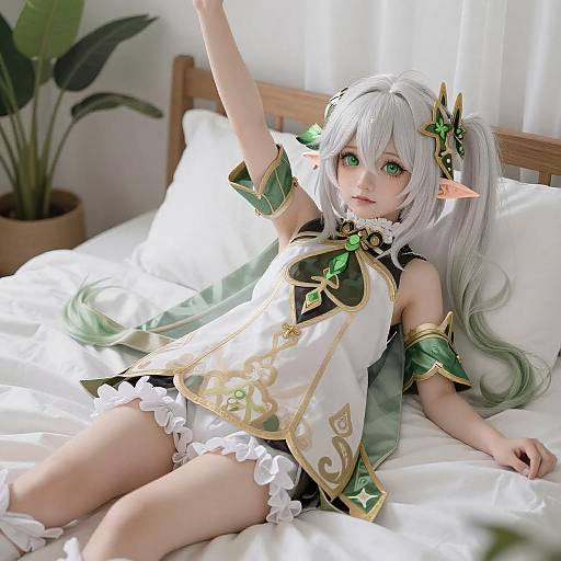 White-Haired Elf Woman on Bed