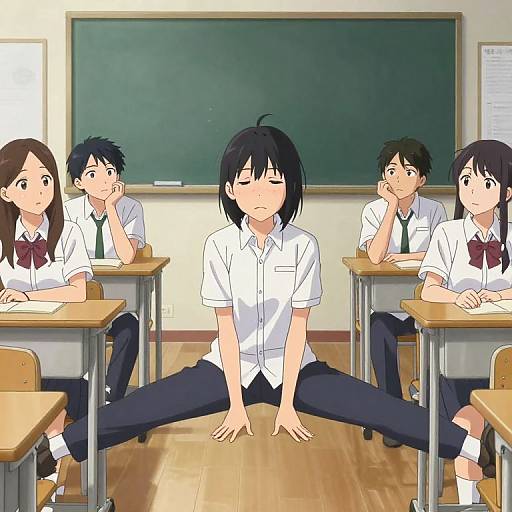 Anime-style classroom scene: central black-haired boy sits with legs spread, eyes closed, surrounded by five classmates in white shirts and green ties, all with