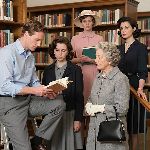 Mid-20th Century Library Scene with People