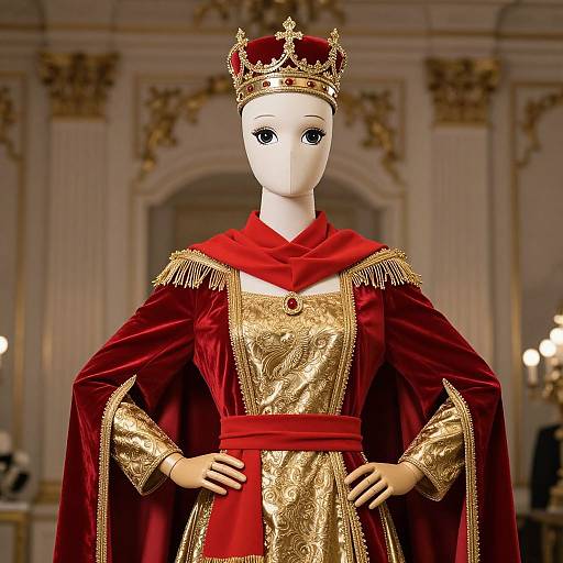 Photograph of a white-faced mannequin dressed as a regal monarch in a red velvet gown with gold embroidery, crown, and red cape,