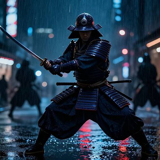 Photograph of a samurai in full armor, holding a sword, standing in a rain-soaked, neon-lit urban street at night.