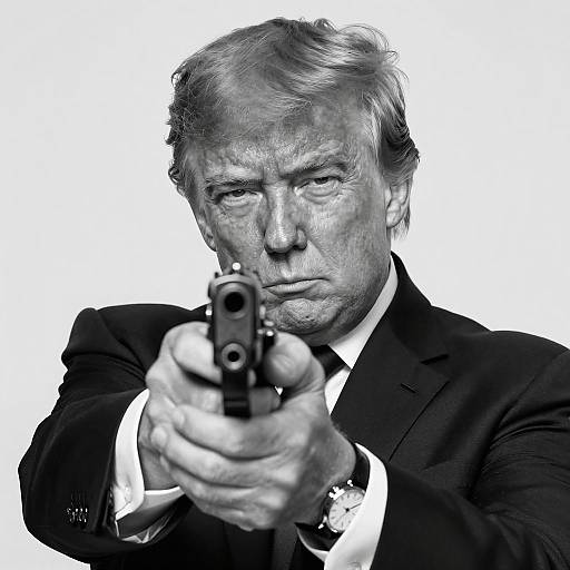 Middle-aged man aiming handgun in black and white