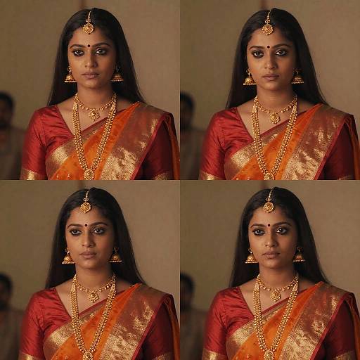 Photograph of an Indian woman with long black hair, wearing a red and gold saree, traditional gold jewelry, and a bindi, with a