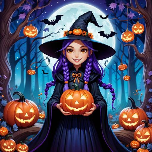 Whimsical Halloween Witch in Moonlit Forest