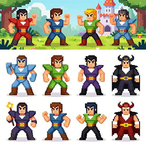 Pixel art image of 12 cartoon-style, muscular male characters in colorful outfits, flexing muscles, standing in two rows against a pixelated outdoor background