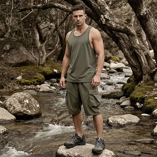 Photograph of a muscular, fair-skinned man in a dark green tank top and cargo shorts, standing in a rocky forest stream.