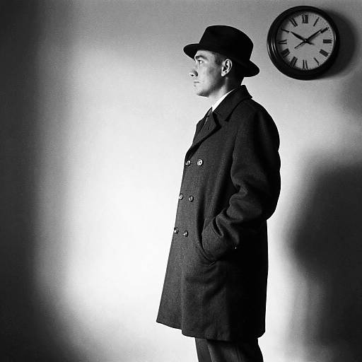 Black-and-white photograph of a man in a dark trench coat and fedora, hands in pockets, standing in profile near a clock on a white wall