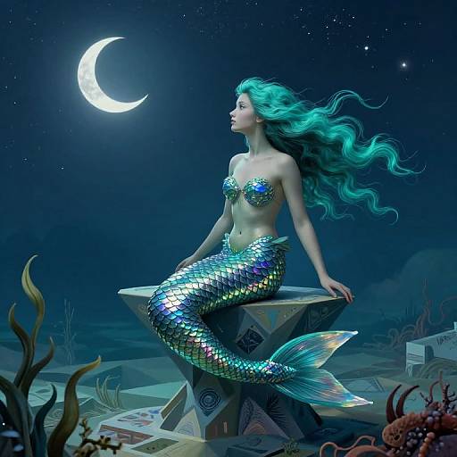 Digital art: Mermaid with shimmering green hair and iridescent scales, sitting on a stone, under a crescent moon in a starry