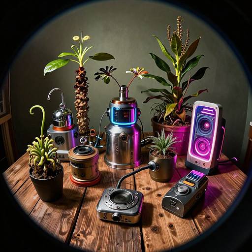 Photograph of glowing, neon-lit, modern planters and speakers on a wooden table with various small plants, set against a dark background.