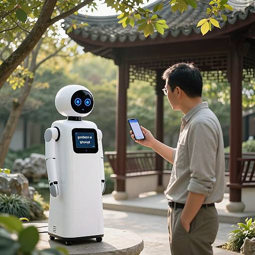 Photograph of an Asian man in a grey shirt interacting with a white robot labeled 