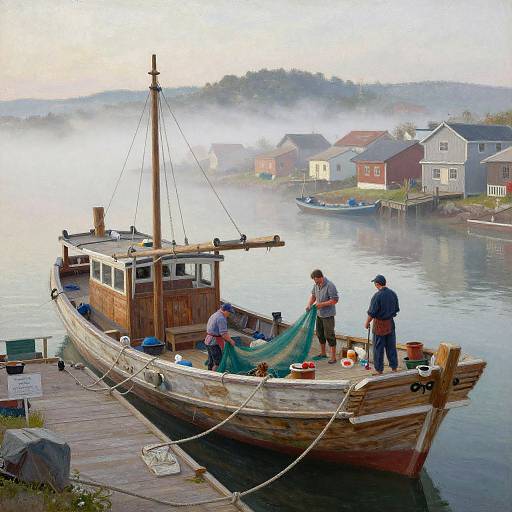 Photograph of a rustic wooden fishing boat at a misty lakeside dock, with three men preparing nets, surrounded by foggy houses.