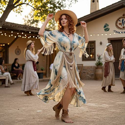 Photograph of a curly-haired woman in a blue floral fringe dress and straw hat, dancing in a rustic courtyard with string lights and other women in similar