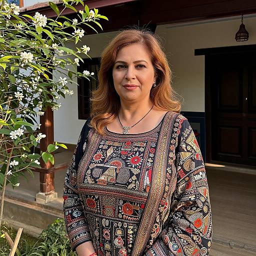 Photograph of a middle-aged woman with shoulder-length brown hair, wearing a patterned dress, standing outdoors in front of a traditional wooden building with white