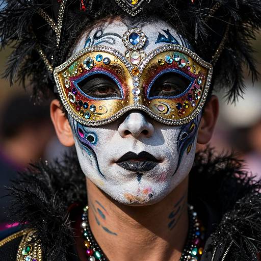 Close-up photograph of a person in a vibrant, ornate Venetian mask with colorful jewels, black feathers, white face paint, and black lipstick