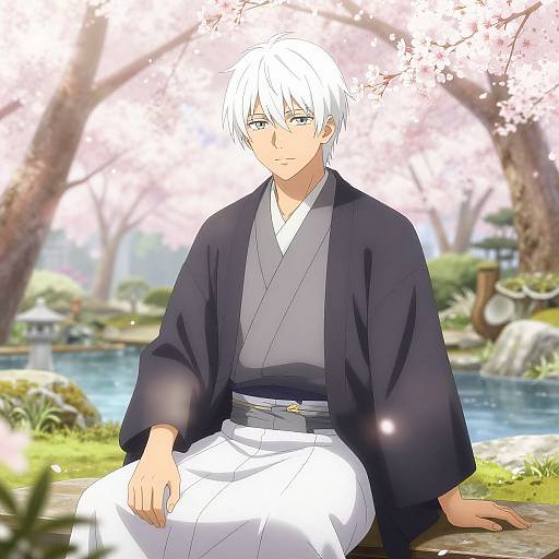 Anime-style digital drawing of a white-haired, serious young man in black and white traditional Japanese attire, seated by a serene pond with cherry blossoms in