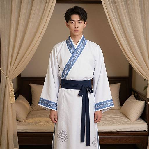 Photograph of an Asian man in a white kimono with blue trim and black belt, standing before a bed with beige curtains.