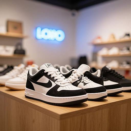 Photograph of black and white sneakers on a wooden display shelf in a brightly lit shoe store with blurred neon 