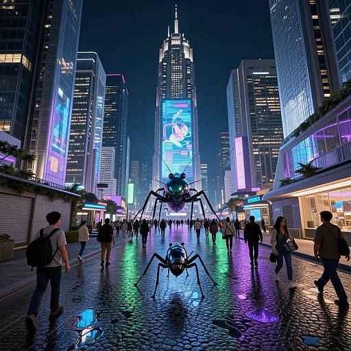 CGI night scene of a futuristic city with towering neon-lit skyscrapers, two giant spiders in the center, and pedestrians walking on a reflective