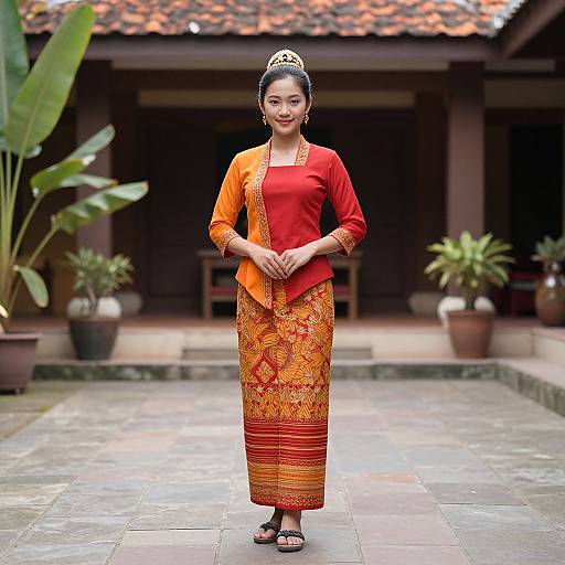 Photograph of a smiling Asian woman in traditional red and orange embroidered dress, standing on stone path, tropical courtyard background.