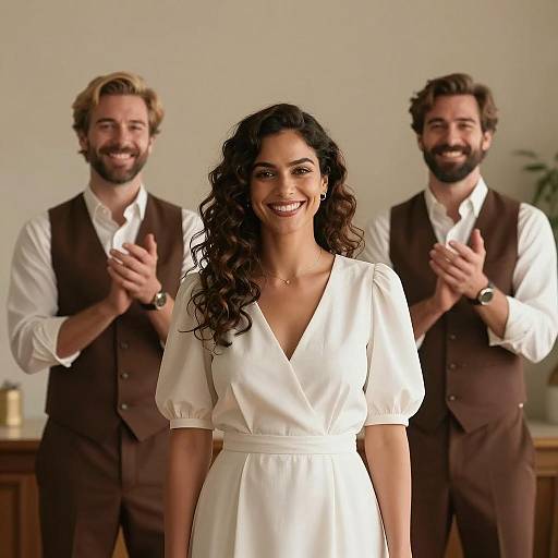 Woman Smiling with Applauding Men
