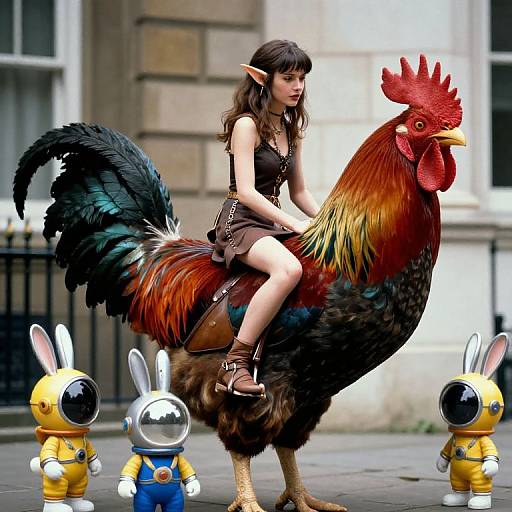 Photograph: Elven woman with pointed ears riding a vibrant, multicolored rooster, flanked by two bunny mascots with googly eyes