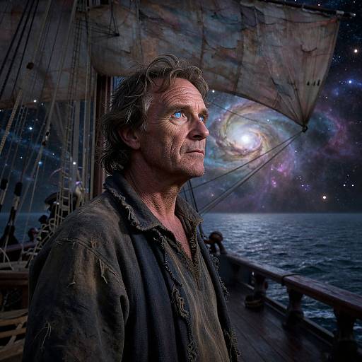 Photograph-like CGI of a weathered, blue-eyed man in a tattered shirt, gazing at a cosmic galaxy on a sailboat at night