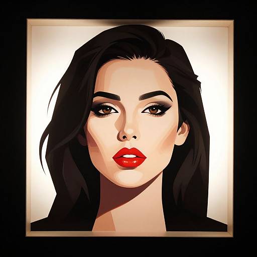 Digital portrait of a woman with long black hair, red lipstick, and dramatic eye makeup, set against a white background.