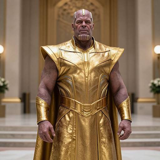 Photorealistic CGI of a muscular, bald, older man with a goatee wearing a shiny, golden, high-collared robe and matching arm