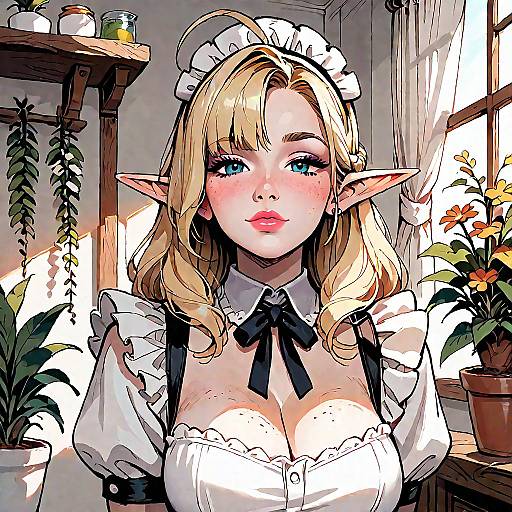 Smiling Blonde Elf Maid in Greenhouse