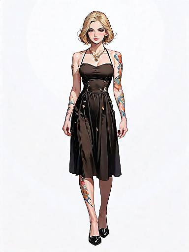 Stylish Blonde Woman in Fitted Midi Dress with Tattoos