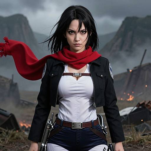Digital illustration of a fierce, dark-haired woman in a white tank top, black jacket, and red scarf, standing in a war-torn, mountain
