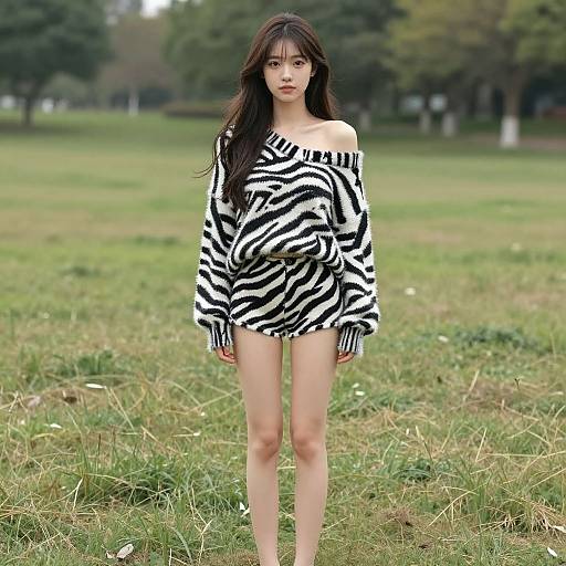 Photograph of an Asian woman with long black hair wearing an off-shoulder zebra-patterned sweater in a grassy park.
