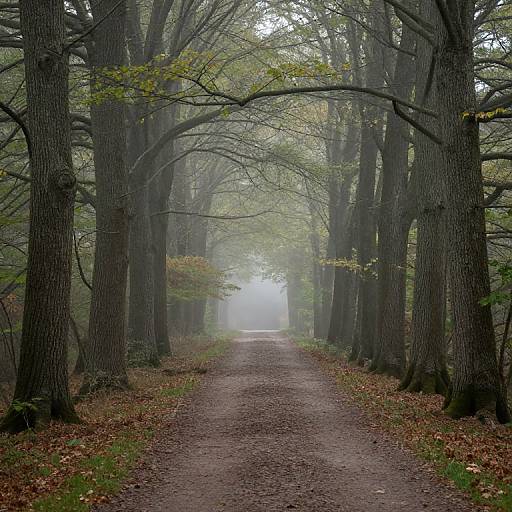 Photograph of a misty forest path, flanked by tall, dark tree trunks with green leaves, and a dirt path covered in fallen leaves