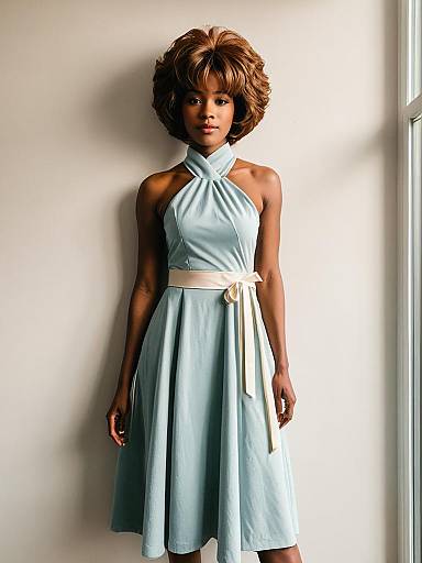 Woman in Light Blue Halter Dress with Ribbon Belt