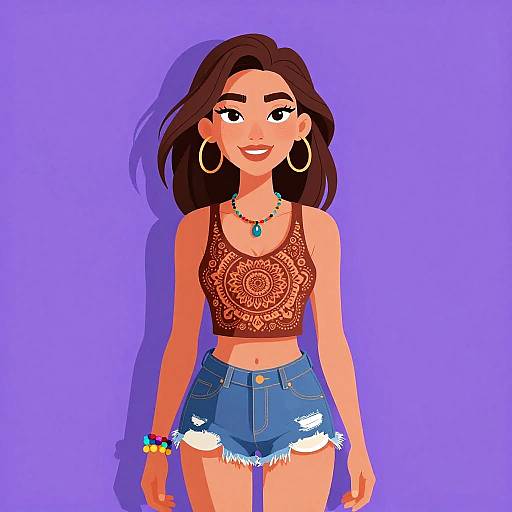 Digital illustration of a smiling, tan-skinned woman with long brown hair, wearing a red lace crop top, high-waisted denim shorts, large