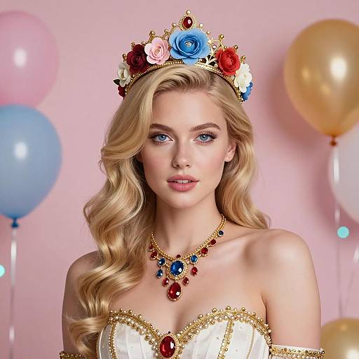 Elegant Blonde Woman with Floral Crown and Gemstone Necklace